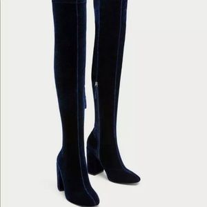 Zara Over the Knee Navy Blue Velvet Boots
